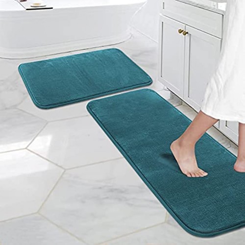 Kitchen Mat Set of 2 Memory Foam Set Bathroom Rug Set Flannel Velvety Bath Mat Luxury Extra Soft and Absorbent Non Slip Rugs for Kitchen Bathroom Washable47x 17  17x 24 Dark Teal