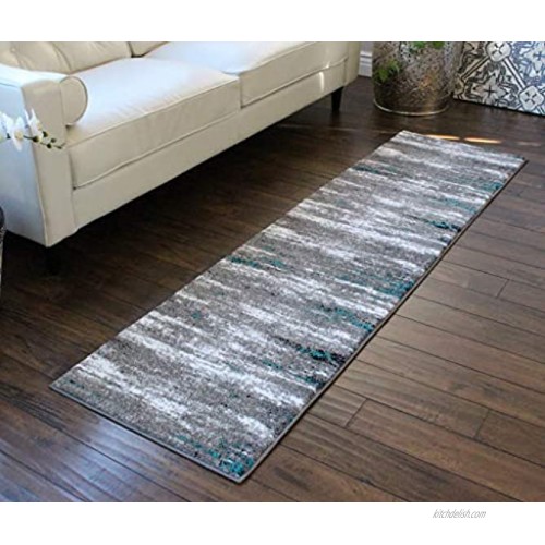 Masada Rugs Stephanie Collection Area Rug Modern Contemporary Design 1102 Grey White Black Turquoise Accent 2 Feet X 7 Feet 3 Inch Runner