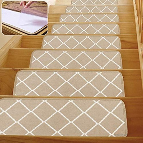 Seloom Non-Slip Washable Stair Treads Carpet Rugs with Skid Resistant Rubber Backing and Modern Moroccan Diamond Trellis Design for Indoor Wooden Steps 13 Pack Frosted Almond Beige