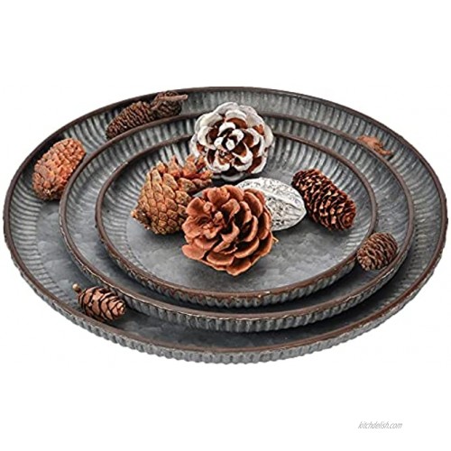 3 PCS Vintage Round Galvanized Trays Metal Iron Tray with Rust Color Trim,Unique Butler Tray,Home Decorative Centerpiece for Dining Table,Farmhouse Look Rustic Accessories for Weddings and Parties