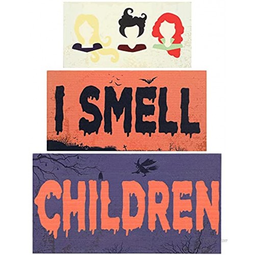 3 Pieces Halloween Table Decor Sign I Smell Children Witches Tiered Tray Decor Rustic Wood Block Plaque Tabletop Freestanding for Halloween Party Dinner Coffee Table Topper Tier Tray Room Decor