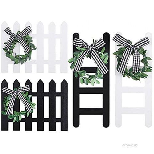 4 Pieces Farmhouse Wooden Picket Fence Tiered Tray Decoration Wooden Farmhouse Tiered Tray Ladder Decor Tiny Ladder with Wreath Buffalo Plaid Black and White Plaid Mini Wooden Fence Shaped Sign Decor