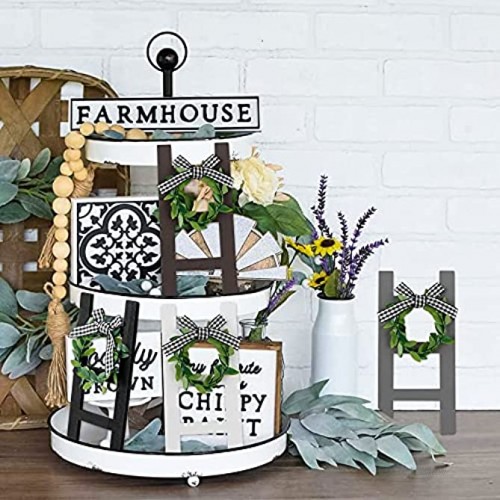 4Pcs Wooden Farmhouse Ladder Tiered Tray Decoration Classical Plaid Rustic Farmhouse Wooden Tray Decor Ladder Sign Shelf Sign Photo Booth Props for Spring Summer Holiday