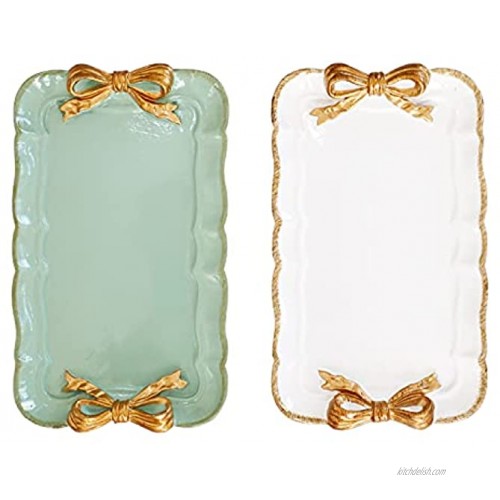 April Box Vanity Tray Set of 2 – Deluxe Vanity Organizer Valet Tray – Premium Resin with Anti-Scratch Cloth Bottom – Elegant Ribbon Design with White and Emerald Green – Ideal for Perfume Jewelry