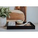 Black Wooden Stylish Ottoman Tray with Cutout Wood Handles | Breakfast Serving for Coffee Table | Black and White Fabric Lining Coaster | Large Rectangle Home Decor | Rustic Decorative Butler Design