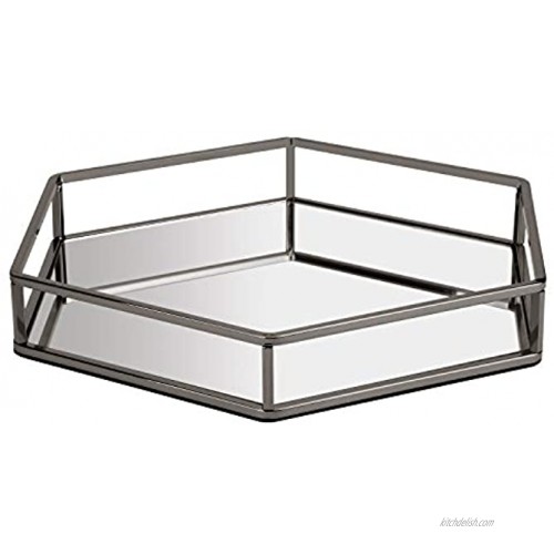 Hexagon Glossy Black Metal and Mirrored Decorative Glass Tray Vanity Mirror Catchall bar Tray Perfect Storage Serving Tray for All Occasions Glossy Black 13.813.82.2 inch