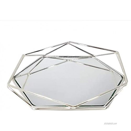 Homeduvo 102LaDeco Decorative Silver Metal Prisma Tray with Mirror for Jewelry Vanity Cosmetic Makeup Perfume Organizer Ornate Trinket Tabletop Decor Gift for Women Girls Birthday Christmas