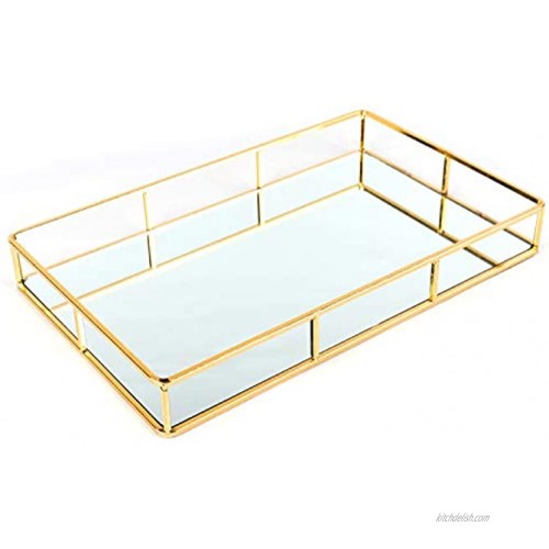 Houseables Mirrored Tray Decorative Countertop Organizer Gold 16 x 9 Ornate Vanity Décor Bathroom Accessories Perfume Plate Jewelry Box Makeup Holder Coffee Table Catchall Brass