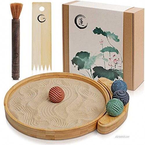Japanese Zen Garden Kit for Desk Sand Garden Tools and Accessories Box Set for Office Desktop 12” Large Round Bamboo Tray 4 Stamp Spheres Natural Sand Rake Mini Zen Decor Meditation Gifts