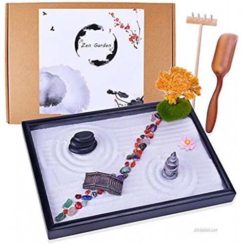Japanese Zen Garden Kit Mini Garden with Rock Bridge PagodaMaple Trees Agate Stones Meditation Gift Set for Relaxation Home & Office Desk Decor with Rake Tools and Zen Accessories