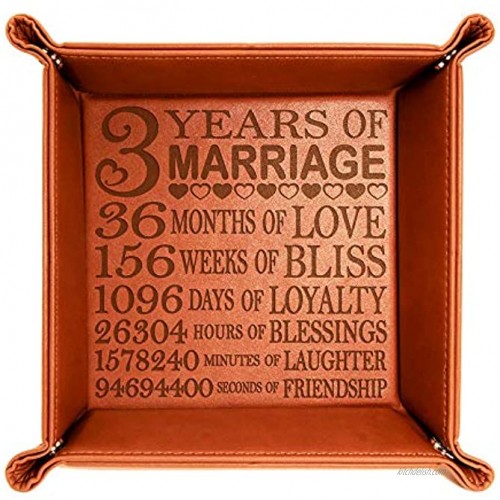 Kate Posh 3 Years of Marriage Engraved Leather Catchall Valet Tray Our 3rd Wedding Anniversary 3 Years as Husband & Wife Gifts for Her for Him for Couples Rawhide