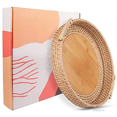 PROJECT DLIGHT Coffee Table Tray Round Bamboo Rattan Woven Serving Tray with Handles Wicker Decorative Tray for Boho Home Decor 11.8 inch Diameter  30 cm