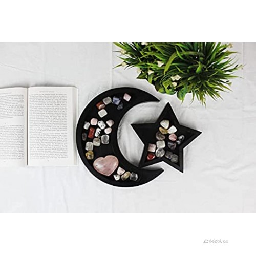 T one woods Wooden Moon and Star Tray for Crystal | Wooden Tray for Stones | Wooden Crystal Organizer | Wooden Moon Tray | Tray for Jewellery | Organizer for Stone Black