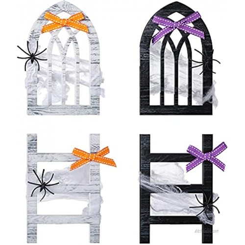 Tradder Halloween Wooden Tiered Tray Decoration Rustic Cathedral Arch Window Sign Black and White Farmhouse Small Window and Ladder Halloween Decor Set for Home Halloween Party Decoration 4 Pieces