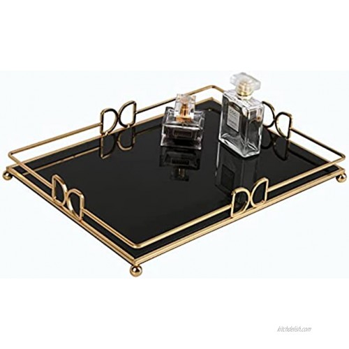 Vixdonos Rectangular Decorative Mirror Tray Black Vanity Tray with Gold Metal Frame for Perfume Bottle,Large Size 15.5 X 11.2 X2.5