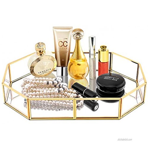 YIMODO Glass Make up Tray Mirror Gold Tray Large Perfume Glass Tray Metal Makeup Decorative Tray Octagon Mirrored Jewelry Tray Organizer for Vanity,Bathroom,Dressing Table