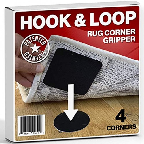 Hook and Loop Square Rug Corner Gripper Easy Lift and Press Renewable Adhesive 4 Corners Premium Anti Curling Gripper Tape for Hardwood Floors Carpet Tiles Hallway and Runners Patented