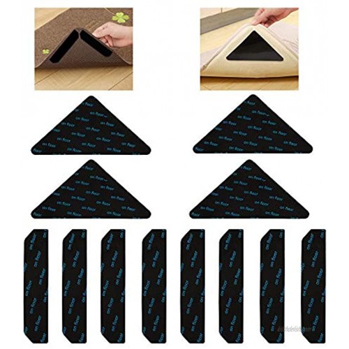 TOMALL Rug Tape Non-Slip Corner Carpet Grippers Anti Curling Area Rug Pads for Tile Hardwood Laminate Carpeted Floors Black 12pcs