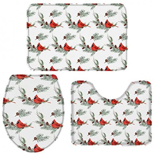 3-Piece Bath Rug and Mat Sets Cardinal Birds with Pine Cones Leaves Non-Slip Bathroom Decor Doormat Runner Rugs U-Shaped Toilet Floor Mats Toilet Seat Cover Christmas