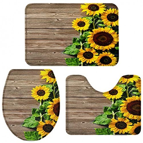 3-Piece Bath Rug and Mat Sets Wood Grain Sunflowers Non-Slip Bathroom Doormat Runner Rugs U-Shaped Toilet Floor Mat Toilet Seat Cover Wooden Plank Flowers Blossoms Large