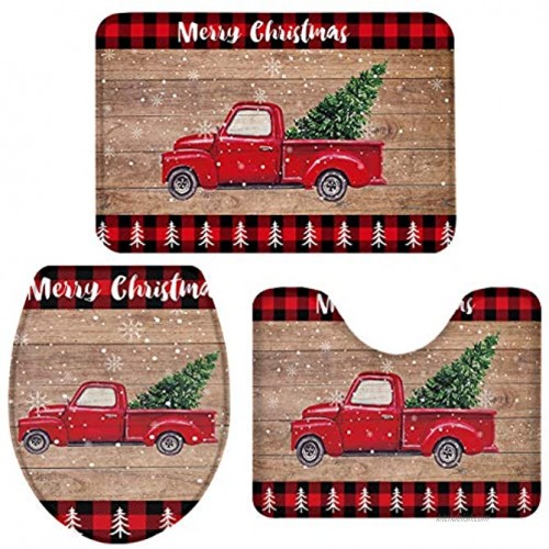 3 Piece Bath Rug Sets Christmas Truck with Xmas Trees Red Black Buffalo Plaid Bathroom Mats Set for Christmas Decorations Non Slip,Water Absorbent U-Shaped Contour Toilet Mat Toilet Lid Cover