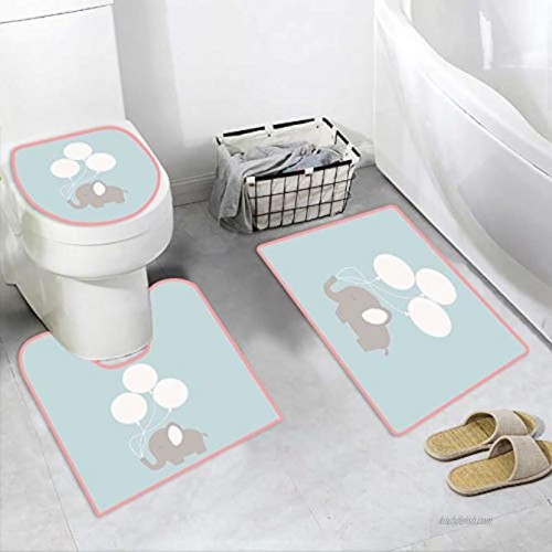 Bath Rug Set 3 Pcs Little Baby Elephant with Big Balloons Baby Shower Card Isolated Baby Elephant on Background Flat Style Vector Washroom Mat Contour Toilet Lid Cover with Non-Slip Back