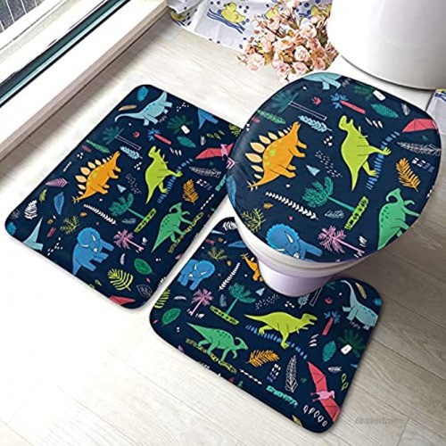 Cute Dinosaur Area Rug Bathroom Rugs Sets 3 Piece Non Slip Bath Mat U-Shaped Contour Mat and Toilet Lid Cover