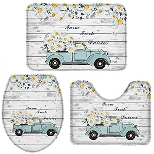 OneHoney 3-Piece Bath Rug and Mat Sets Fram Fresh Daisy and Vintage Truck Non-Slip Bathroom Decor Doormat Runner Rugs U-Shaped Toilet Floor Mats Toilet Seat Cover Wood Texture