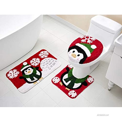 VCNY Home | Holiday Collection Ultra Plush Penguin Christmas Bath Décor Rug and Toilet Lid Cover Set with Non-Slip Backing-Optimal Absorbency for Bathroom 3 Pieces Red