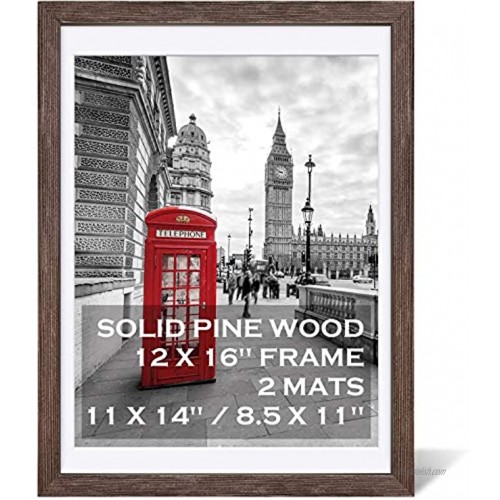 12x16 Rustic Picture Frames Solid Wood Display Pictures 11x14 or 8.5x11 Diplomas with Mat or 12x16 without Mat Farmhouse Distressed Wooden Picture Frame for Wall or Table Top Display Walnut