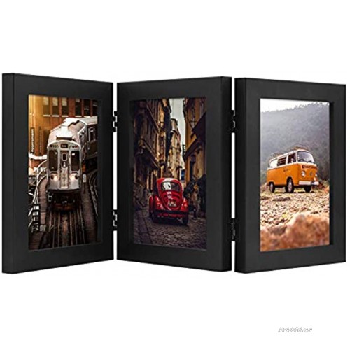 Frametory Hinged Frame with Front Glass Made to Display Three Pictures Stands Vertically on Desktop or Table Top Black 5x7 Triple