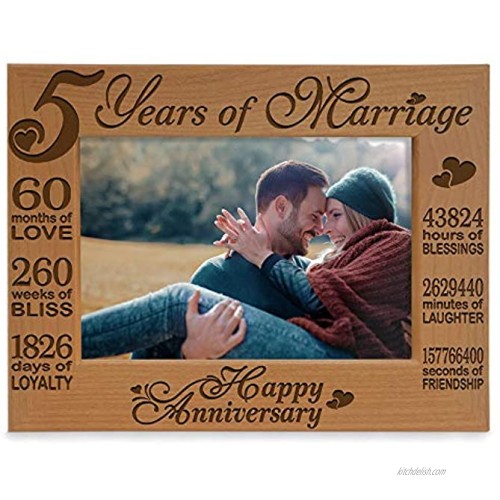 KATE POSH 5 Years of Marriage Photo Frame Happy 5th Wood Engraved Natural Solid Wood Picture Frame 5x7-Horizontal