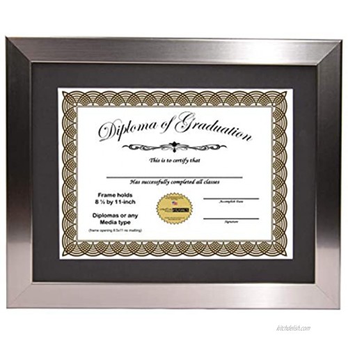 Creative Picture Frames 11” x 14” Stainless Steel Finish Diploma Frame with Black Mat to Hold 8.5 by 11-inch Graduation Documents w Stand and Wall Hanger