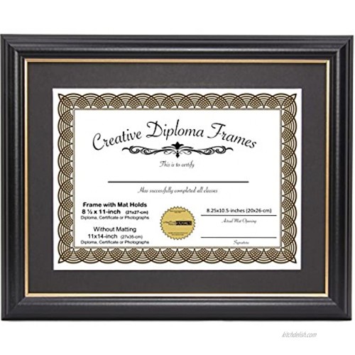 CreativePF [11x14bk.gd] Black Frame with Gold Rim Black Matting Holds 8.5 by 11-inch Diploma with Easel and Installed Hangers