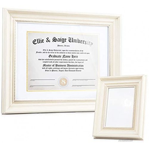 Ellie & Saige 8.5 x 11'' 11 x 14 without mat Cream and Gold Wooden Diploma Frame Degree Frame Certificate Frame or Document Frame With White And Gold Mat AND Matching 5 x 7'' Picture Frame