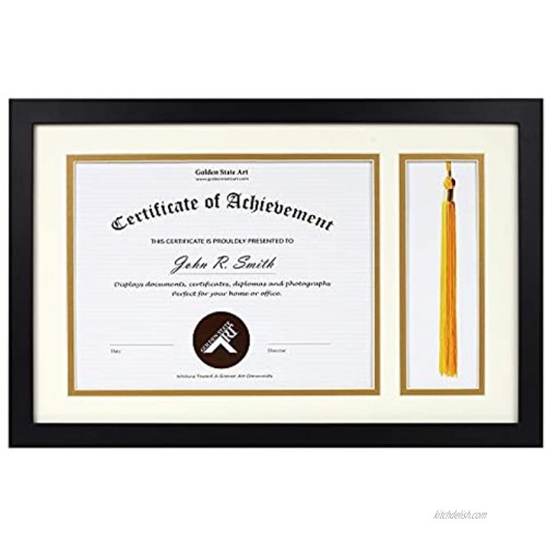 Golden State Art,11x17.5 for 8.5x11 Document Certificate Black Diploma Tassel Shadow Box Double Mat Ivory over Gold Tassel Holder Sawtooth Hangers Swivel Tabs Real Glass