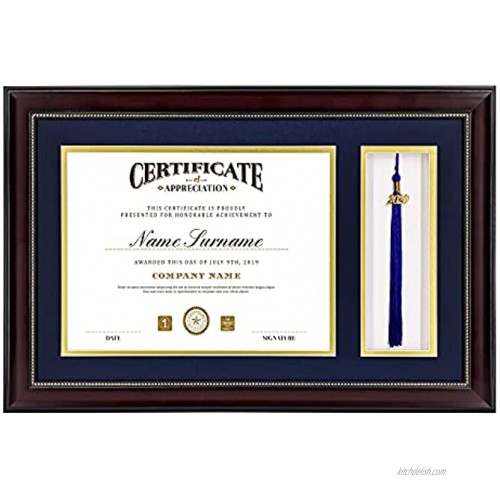 GraduatePro 11x17 Diploma Frame with Tassel Holder for 8.5x11 Certificate Shadow Box Mahogany Gold Rim with Double Mat Navy Over Gold Real Glass