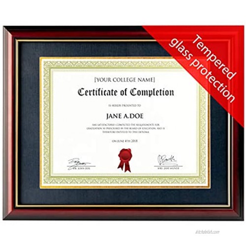 Mahogany College Diploma Frame with Removable Mat. 8.5 x 11 Frame with Matting or 14x11 Inch Frame Mat Removed. Tempered Glass Document Frames for Certificate Frame Degree and Graduation Frame