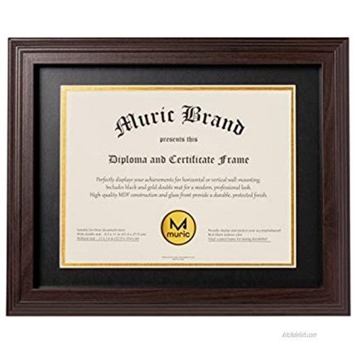 Muric Diploma Frame – Double Mat Document Frame with Real Glass Display for Graduation Degree Certificate Award License Holds 8.5x11 with Mat or 11x14 Without Mat Gift for Grad Black Walnut
