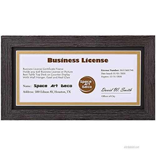 Space Art Deco Brown Colored Frame for 4x9 Business License Certificates Includes D-Shaped Hangers for Hanging and Easel Stand for Table Top 5x10 Frame with Black Over Gold Double Mat Set of 1