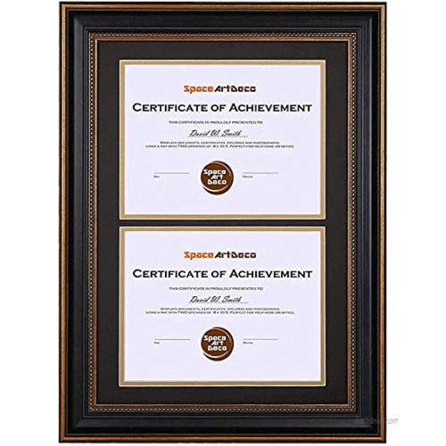 Space Art Deco Gold Black Design Diploma Frame Black Over Gold Double Mat for 8.5x11 Inch Certificates and Documents Sawtooth Hangers Wall Mount Vertical 14x20 for Two Openings Ornate Gold