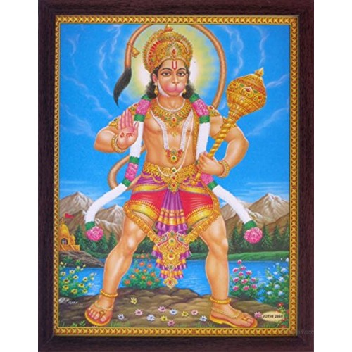 Handicraft Store Hanuman with His Weapon Gadha and Showing His Powerful Form at River End a Holy Hindu Religious Poster Painting with Frame for Worship Purpose