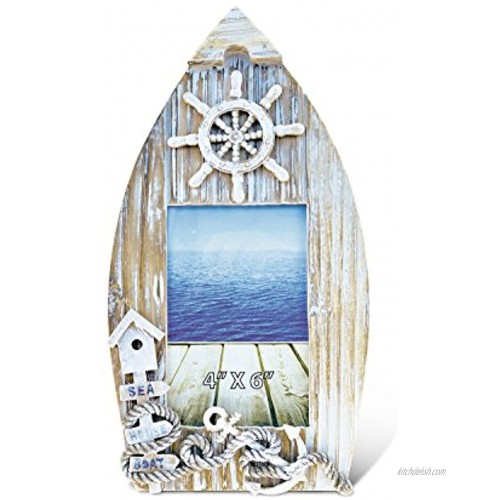 Puzzled Wooden “Baja Beach” Boat Picture Frame 4 x 6 Inch Sculptural Wood Photo Holder Intricate & Meticulous Detailing Art Handcrafted Tabletop Accent Accessory Coastal Nautical Themed Home Décor