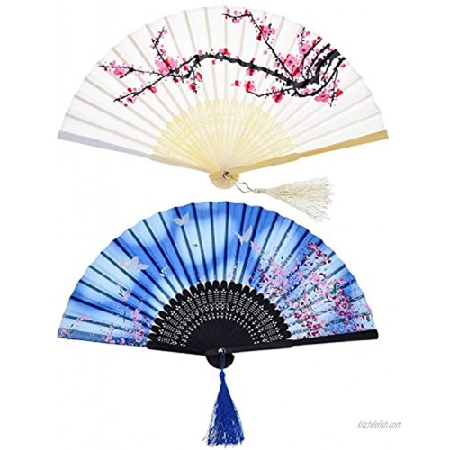 2 Pieces Folding Fans Handheld Fans Bamboo Fans with Tassel Women's Hollowed Bamboo Hand Holding Fans for Wall Decoration Gifts White Cherry and Blue Butterfly Pattern