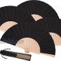 4 Pieces Wooden Folding Fan Fabric Handheld Fans Craft Decoration Fan with Drawstring Organza Bags for Men Women Girls Party Supply Black