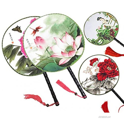 4PCS Round Double-Sided Pattern Chinese Ancient Hand Fan Classic Palace Paddle Hand Fan Dance Hand Fan