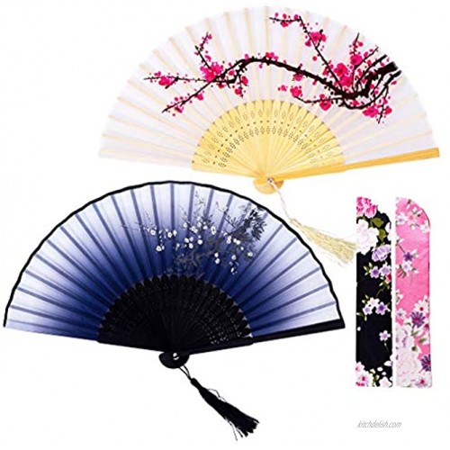 Amajiji 2Pc Hand Held Folding Fans for Woman 8.27 Charming Bamboo Silk Folding Fan with Delicate Sleeve Perfect for Decoration Wedding Party Gift Festival and Fanning White & Gray Plum Blossom