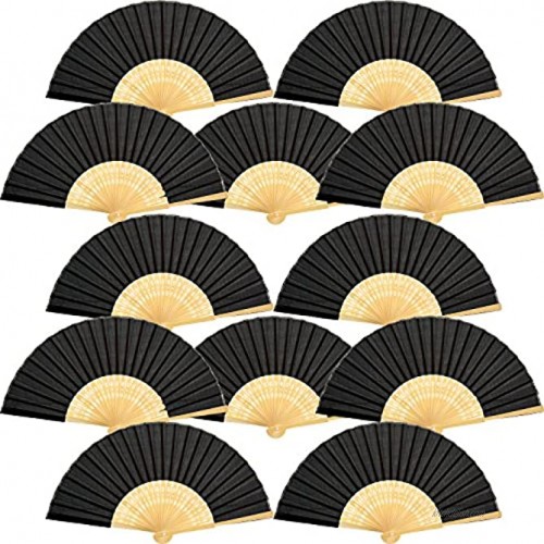 Bememo Hand Held Fans Silk Bamboo Folding Fans Handheld Folded Fan for Church Wedding Gift Party Favors DIY Decoration 12 Pack Black
