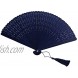 FANSOF.FANS Engraved Wooden Navy Blue Folding Hand Fan with a Pouch HQF17