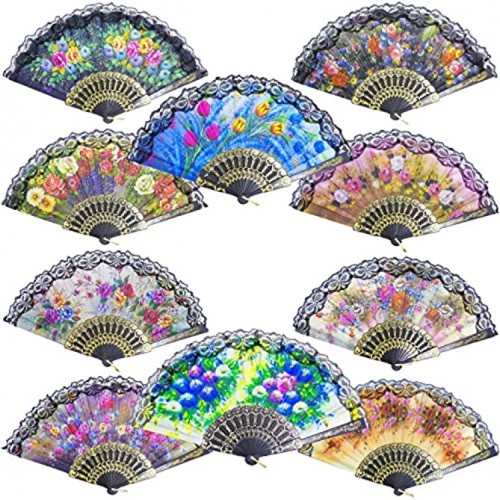 Grosun 10pcs Spanish Floral Folding Hand Fan Sequin Fabric Folding Handheld Hand Fan Random Color